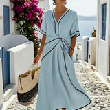 Linnea | Vestido Midi de Manga Curta com Decote em V e Cintura Fruncida