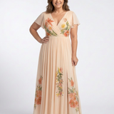 Calista | Vestido Maxi Floral Plissado com Decote em V e Mangas Curtas