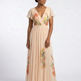 Calista | Vestido Maxi Floral Plissado com Decote em V e Mangas Curtas