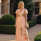 Calista | Vestido Maxi Floral Plissado com Decote em V e Mangas Curtas