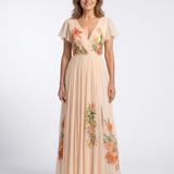 Calista | Vestido Maxi Floral Plissado com Decote em V e Mangas Curtas
